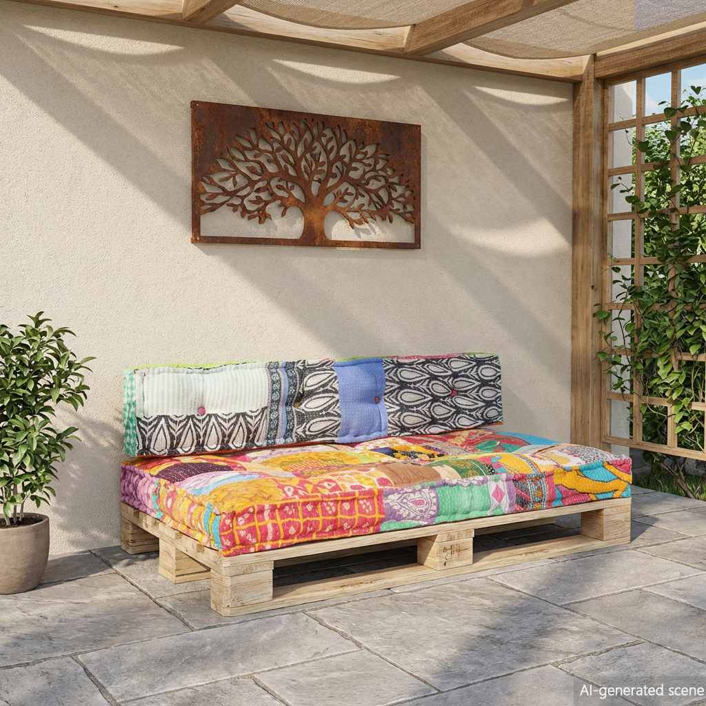 vidaXL Sofa z poduszek na paletę, tkanina, wielokolorowy patchwork