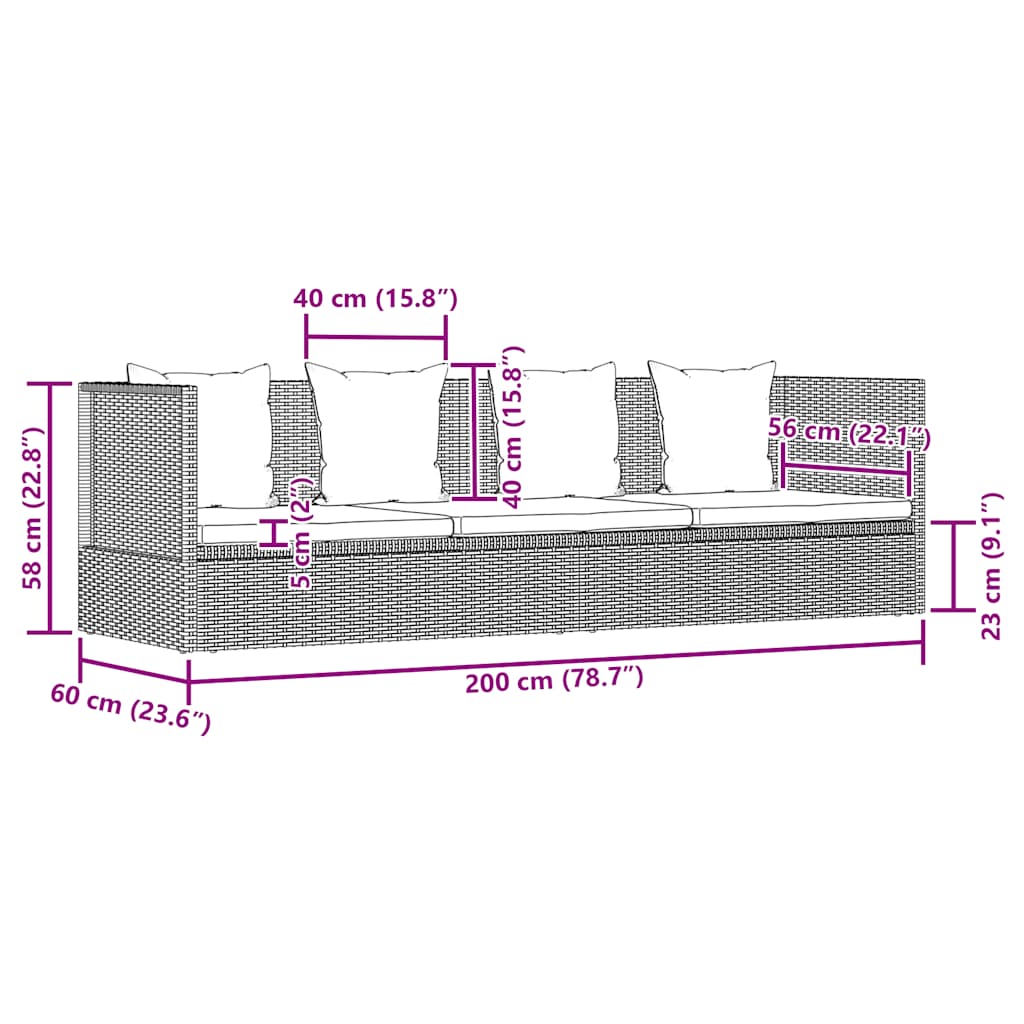vidaXL Sofa ogrodowa z poduszkami, polirattan, czarna