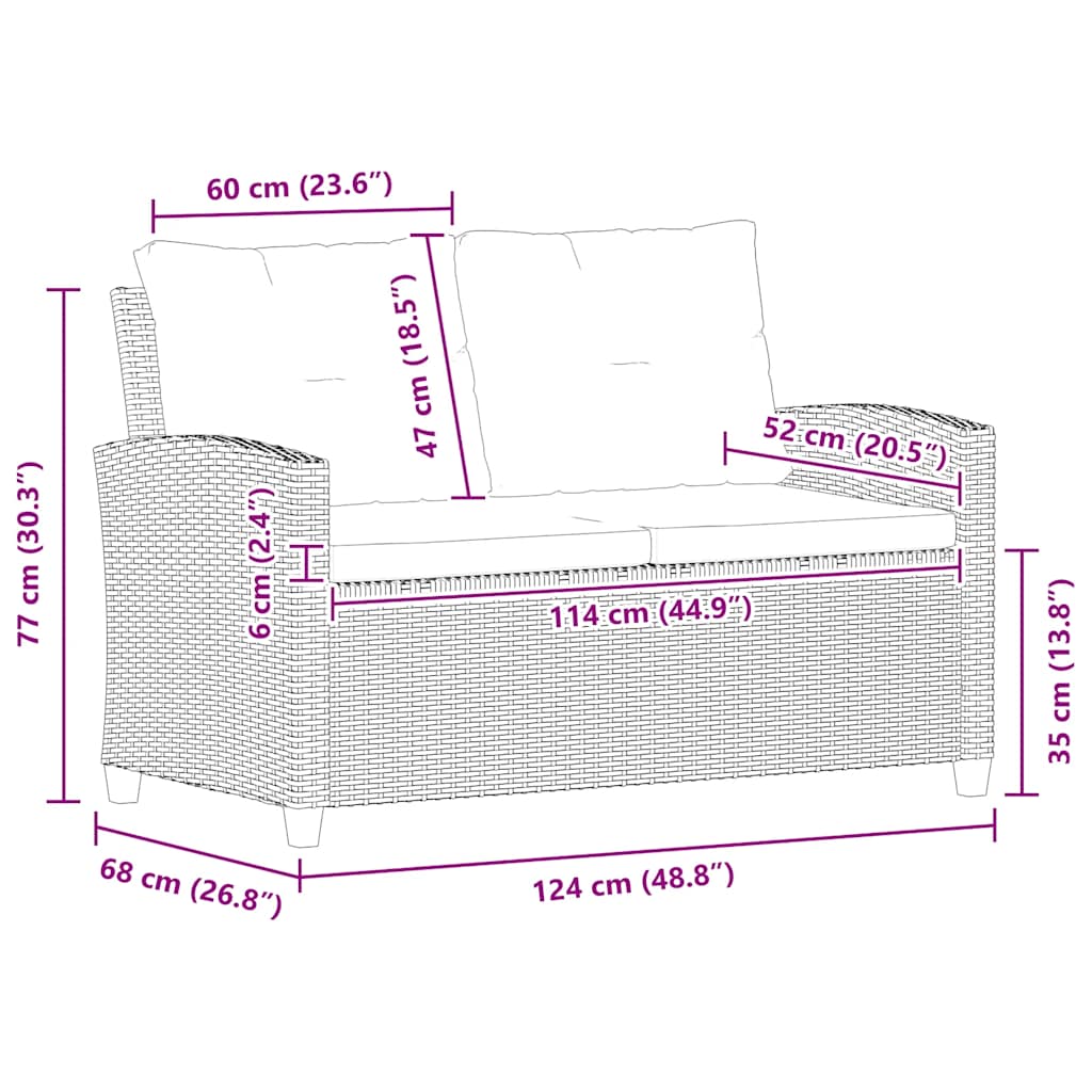 vidaXL 2-osobowa sofa ogrodowa z poduszkami, szara, 124 cm, rattan PE