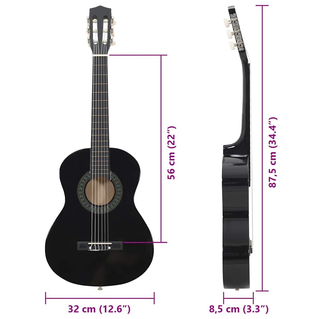 vidaXL Gitara klasyczna dla początkujących i dzieci, czarna, 1/2, 34"