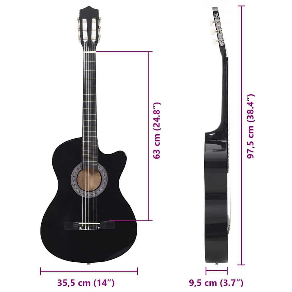 vidaXL Gitara klasyczna z wycięciem, 6 strun, czarna, 38"
