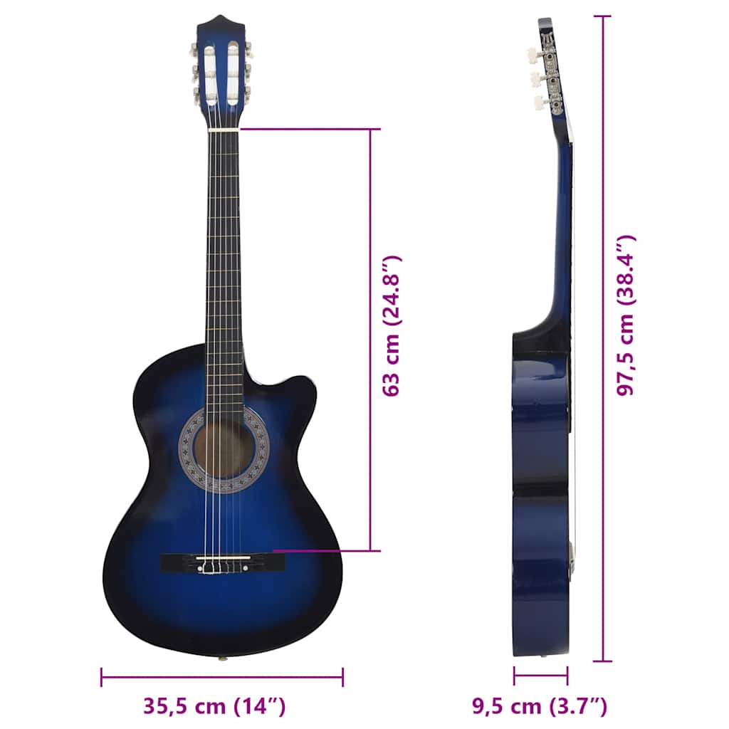 vidaXL Gitara klasyczna z wycięciem, 6 strun, niebieska, 38"