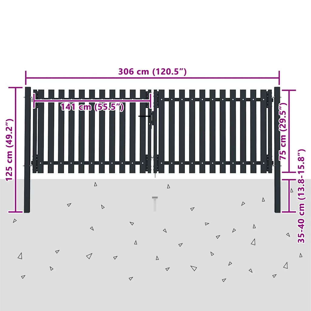 vidaXL Brama ogrodzeniowa Double Door Fence Fur Steel 300x75 cm Antracyt