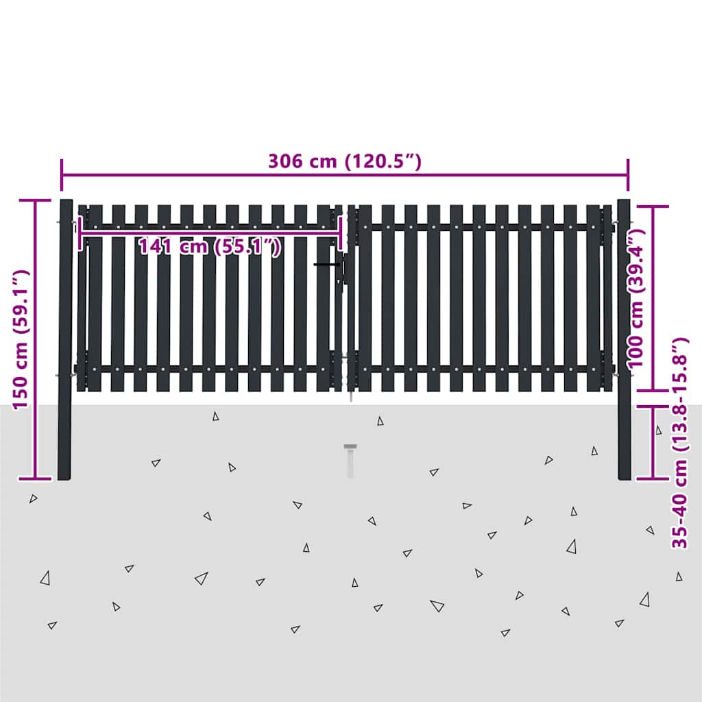 vidaXL Brama ogrodzeniowa Double Door Fence Fur Steel 300x100 cm Antracyt