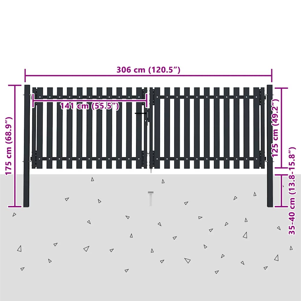 vidaXL Brama ogrodzeniowa Double Door Fence Fur Steel 300x125 cm Antracyt