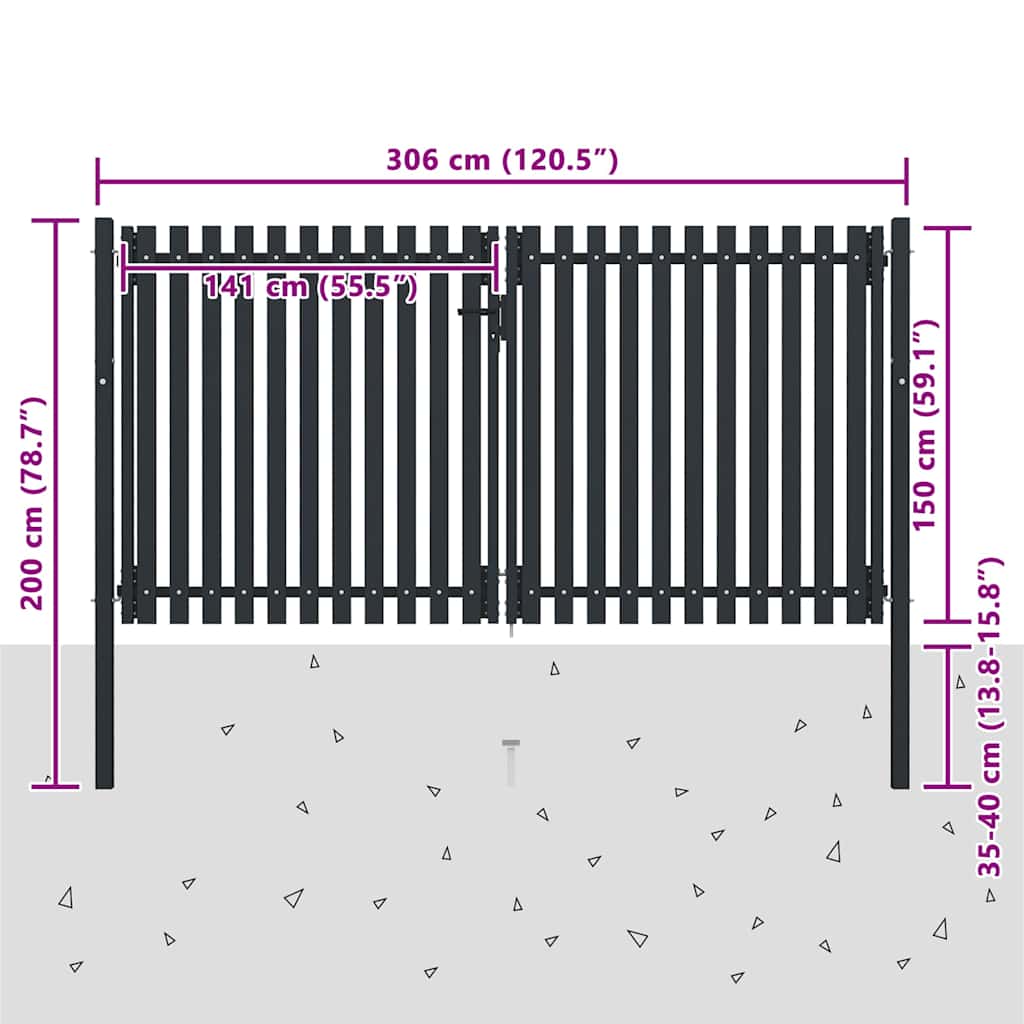 vidaXL Brama ogrodzeniowa Double Door Fence Fur Steel 300x150 cm Antracyt