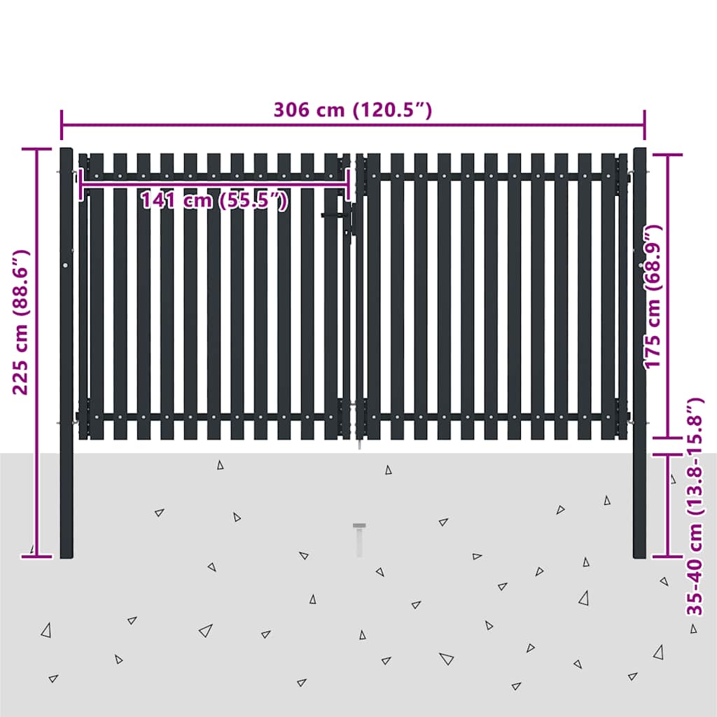 vidaXL Brama ogrodzeniowa Double Door Fence Fur Steel 300x175 cm Antracyt