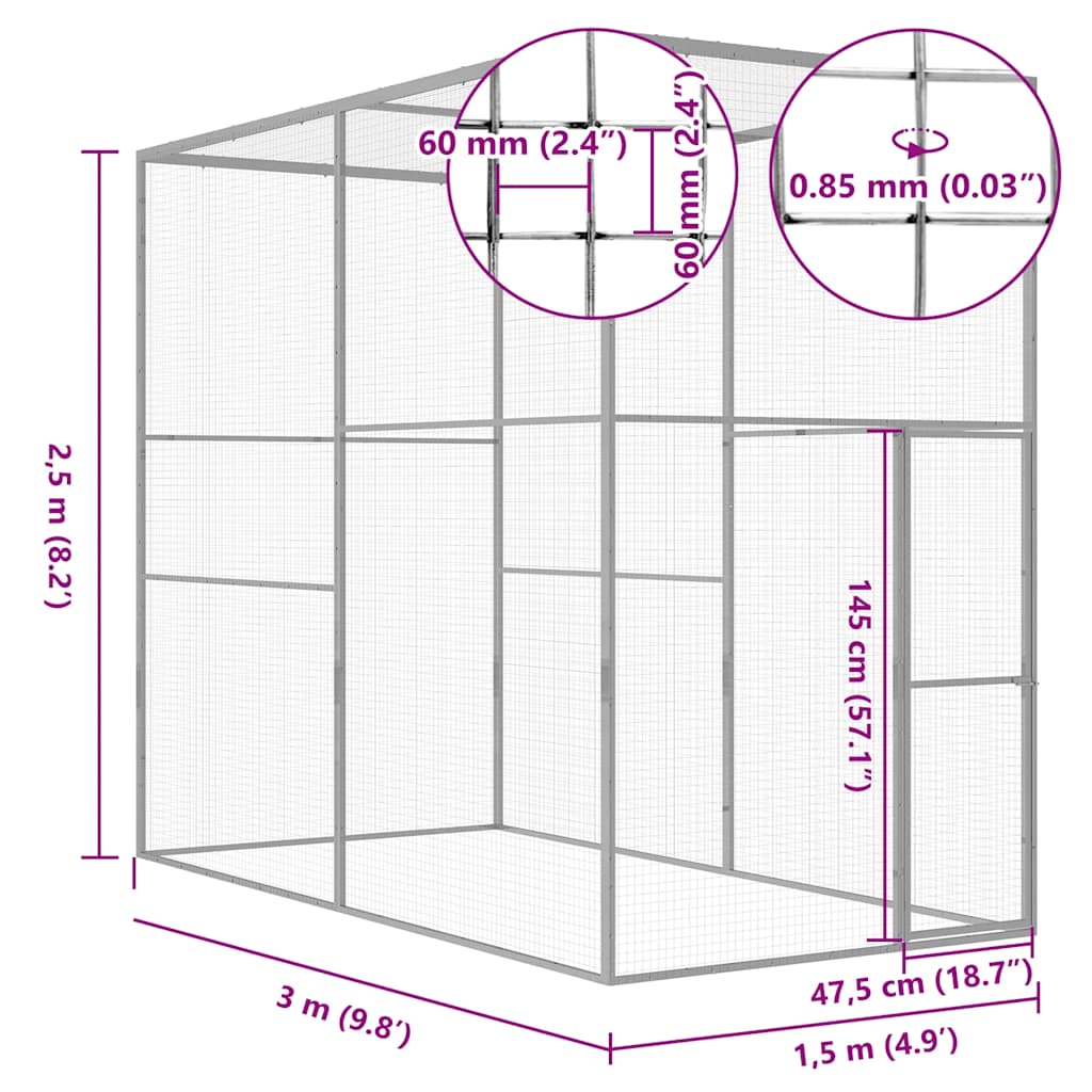 vidaXL Klatka dla kota, 3 x 1,5 x 2,5 m, stal galwanizowana