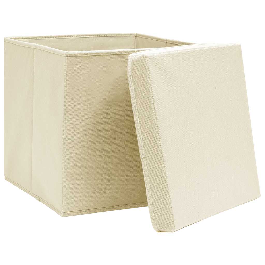 vidaXL Pudła z pokrywami, 10 szt., kremowe, 32x32x32 cm, tkanina
