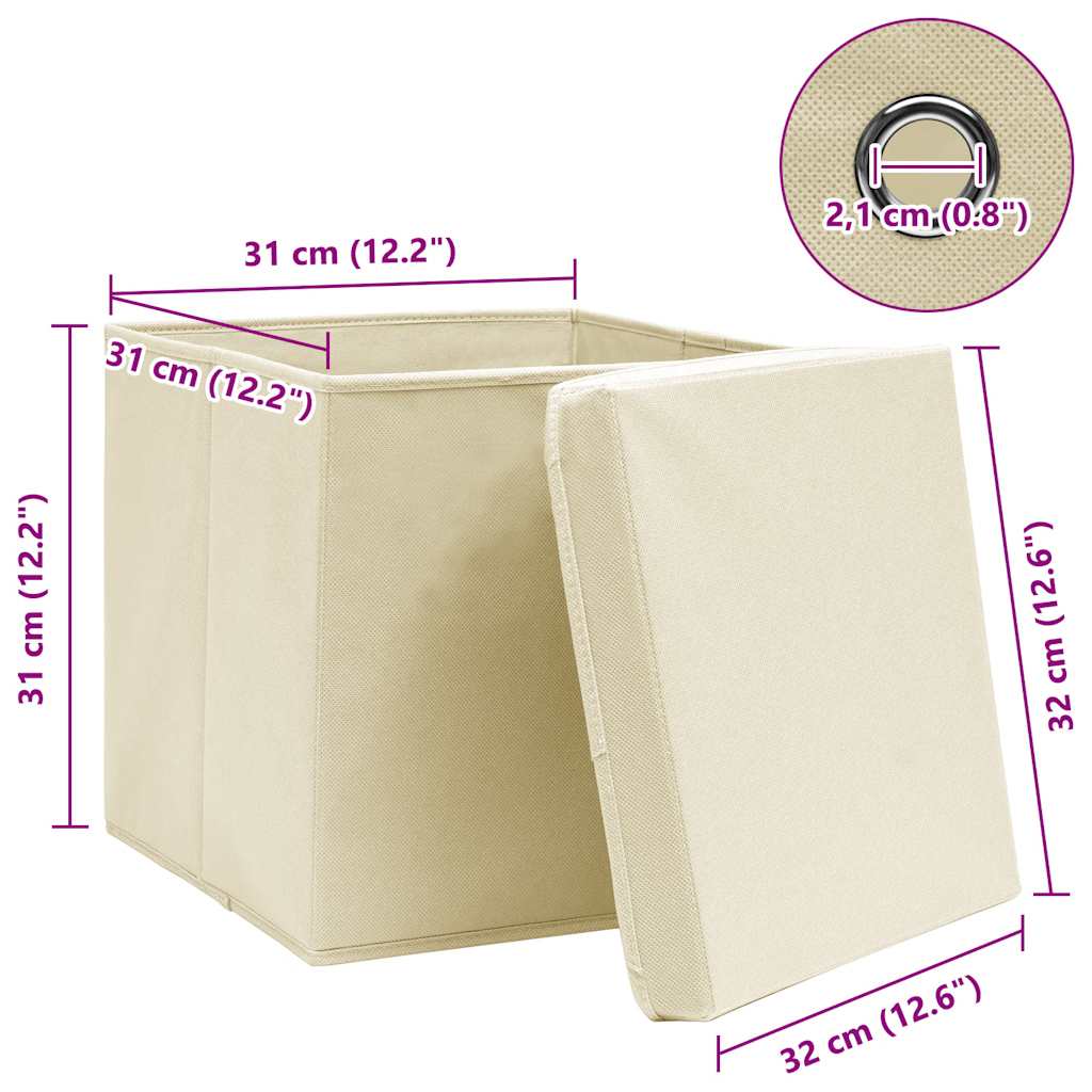 vidaXL Pudła z pokrywami, 10 szt., kremowe, 32x32x32 cm, tkanina
