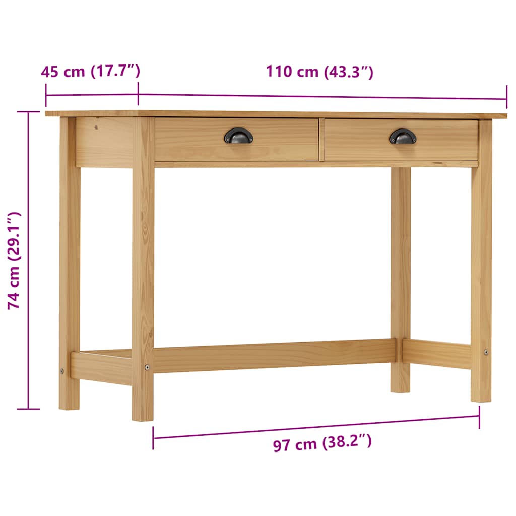 vidaXL Stolik konsolowy Hill, 2 szuflady, 110x45x74 cm, lita sosna