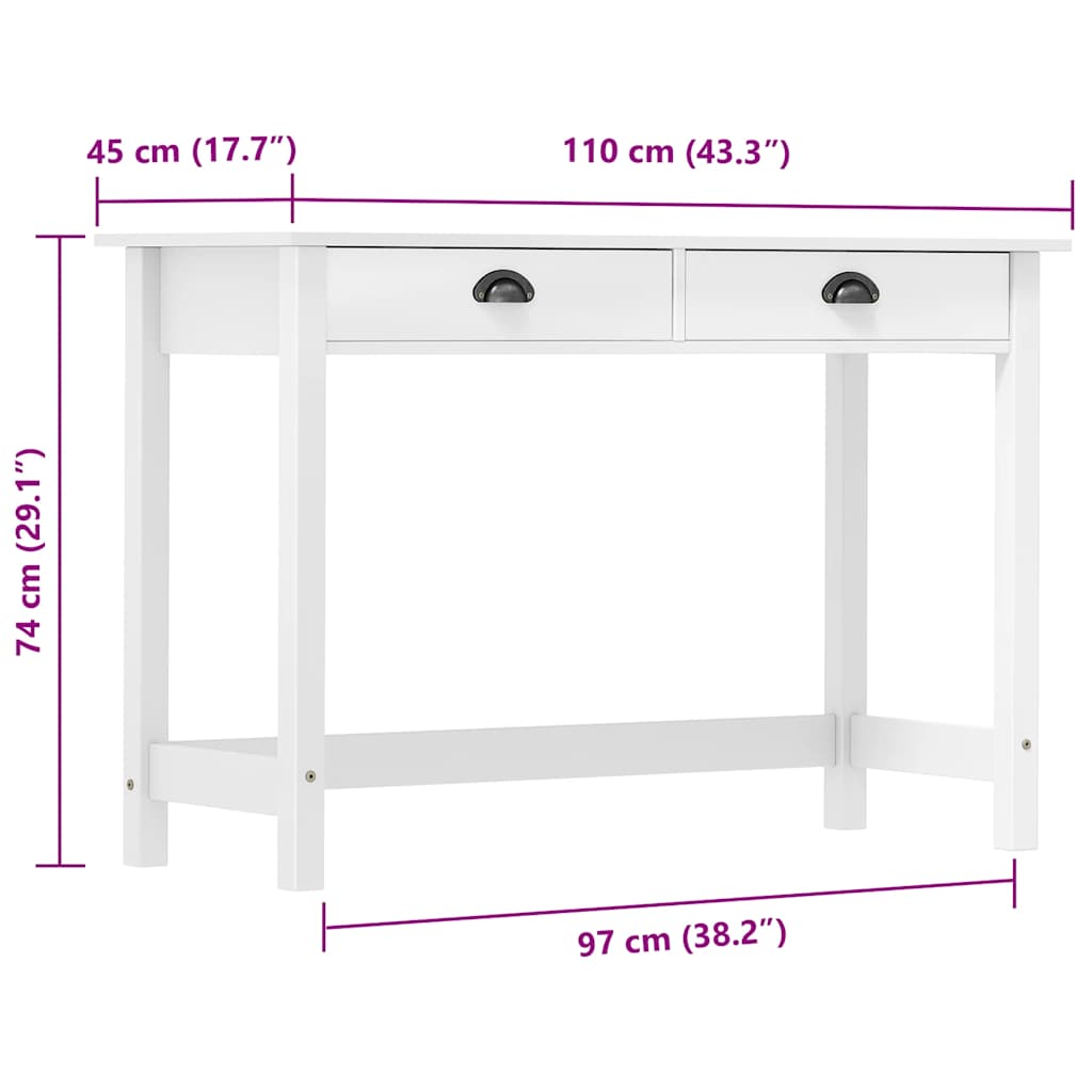 vidaXL Stolik konsolowy Hill, 2 szuflady, 110x45x74 cm, lita sosna