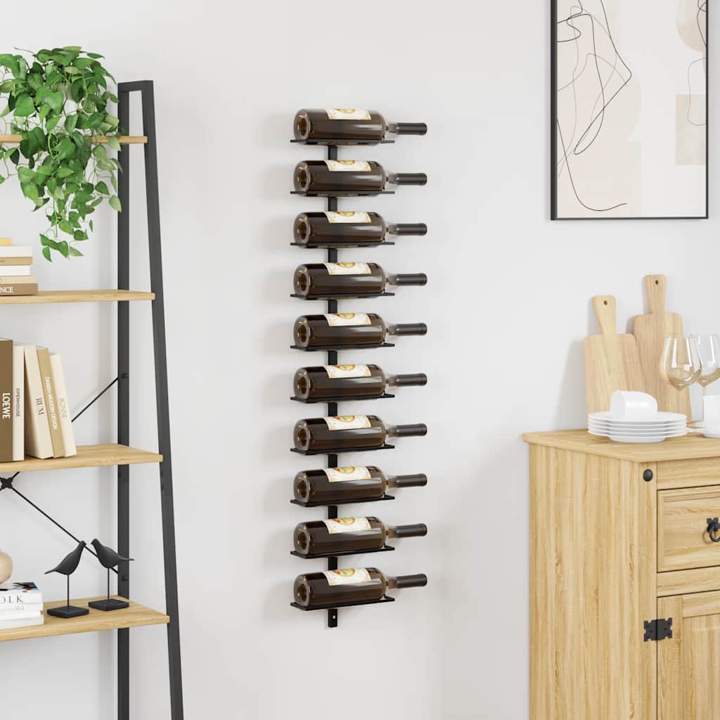 vidaXL Ścienny uchwyt na 10 butelek wina, czarny, metalowy