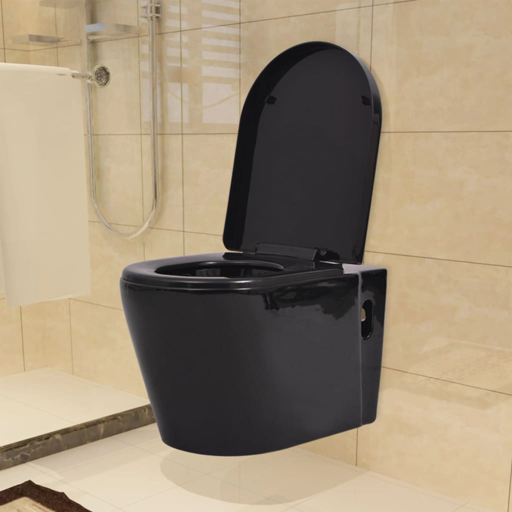 vidaXL Podwieszana toaleta ceramiczna ze spłuczką podtynkową, czarna