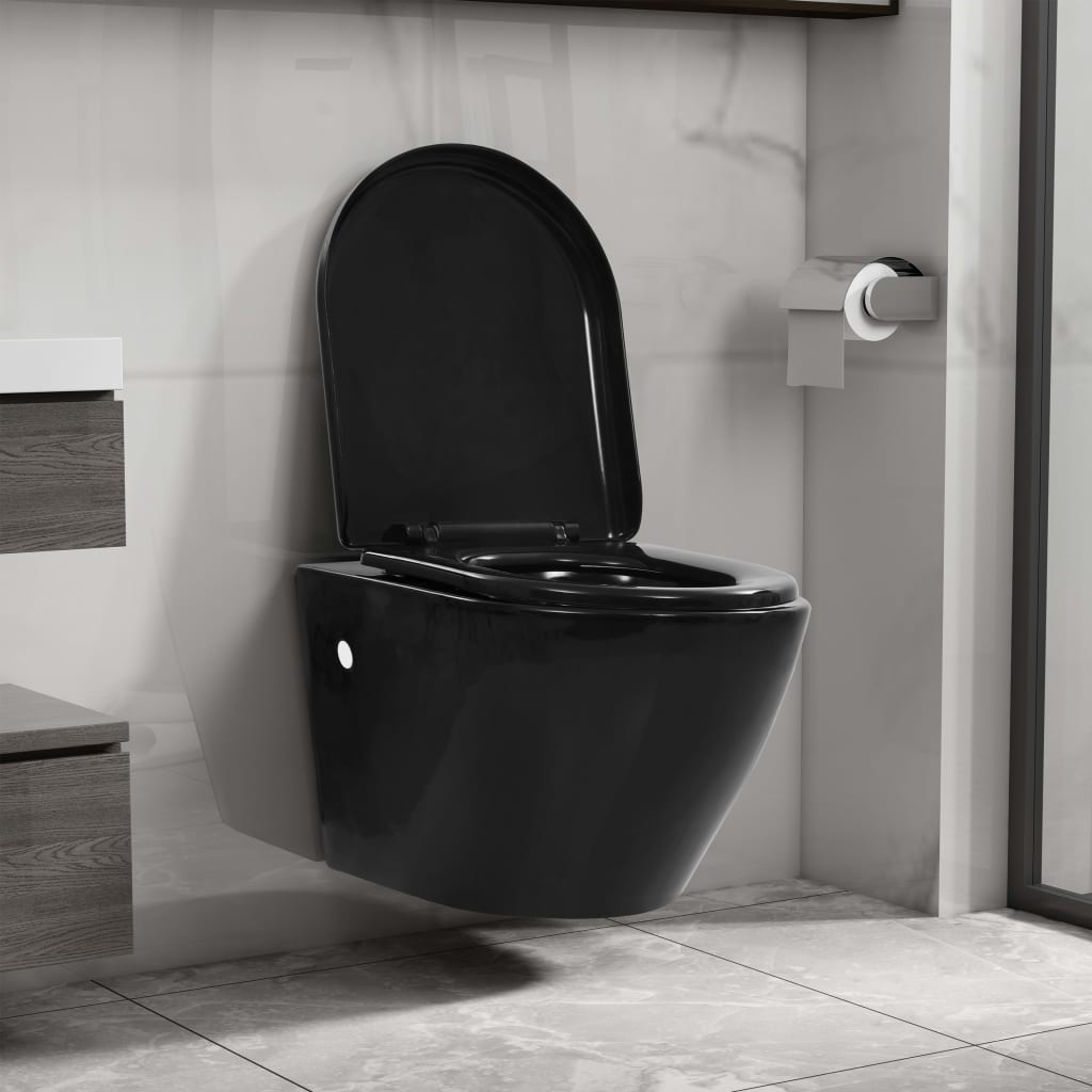 vidaXL Podwieszana toaleta ceramiczna ze spłuczką podtynkową, czarna