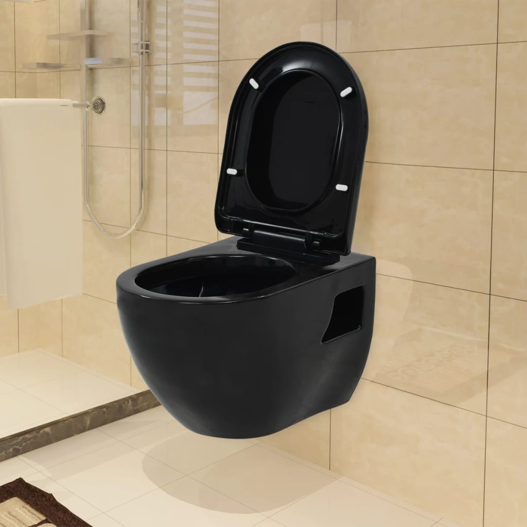 vidaXL Podwieszana toaleta ceramiczna ze spłuczką podtynkową, czarna