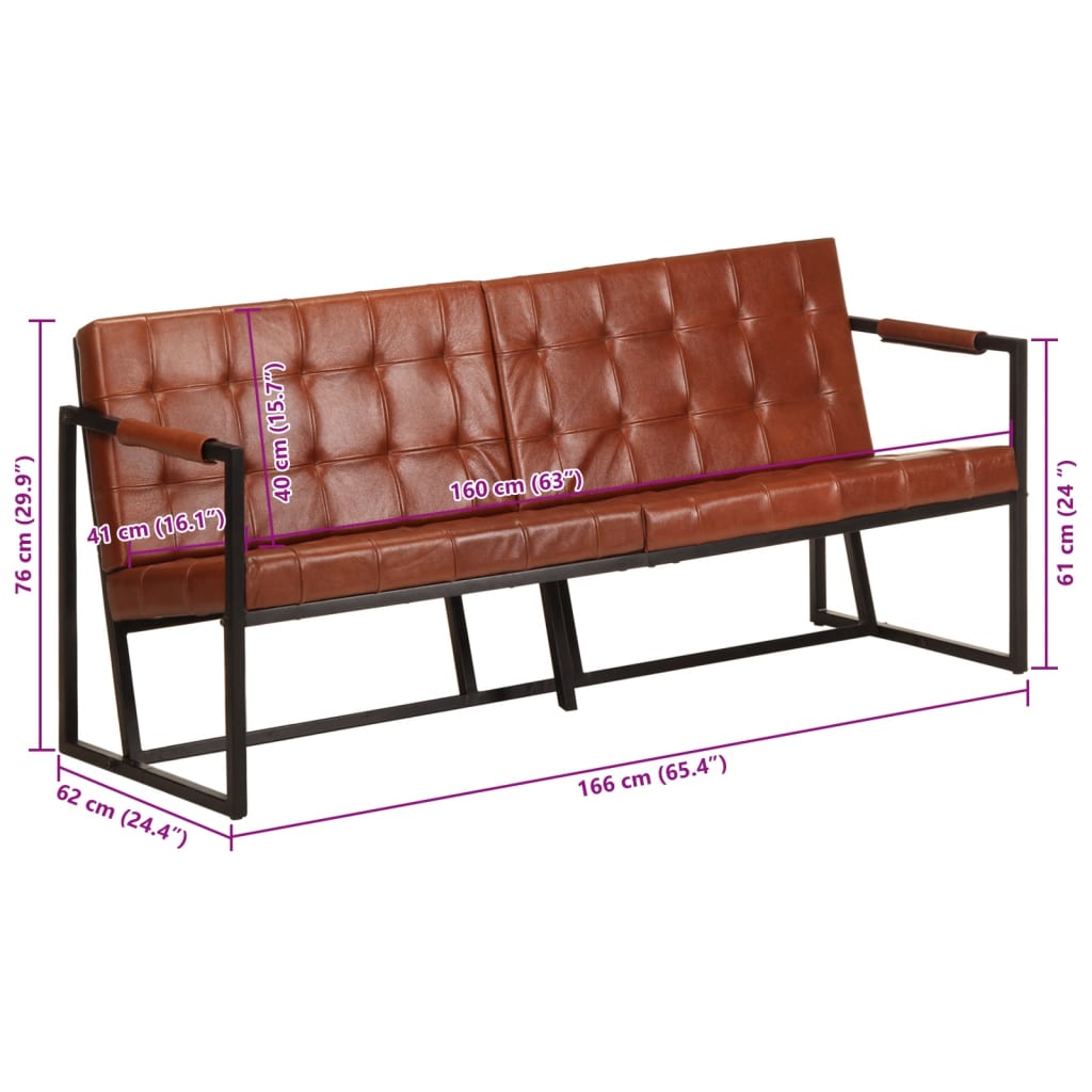 vidaXL Sofa 3-osobowa, brązowa, naturalna skóra kozia