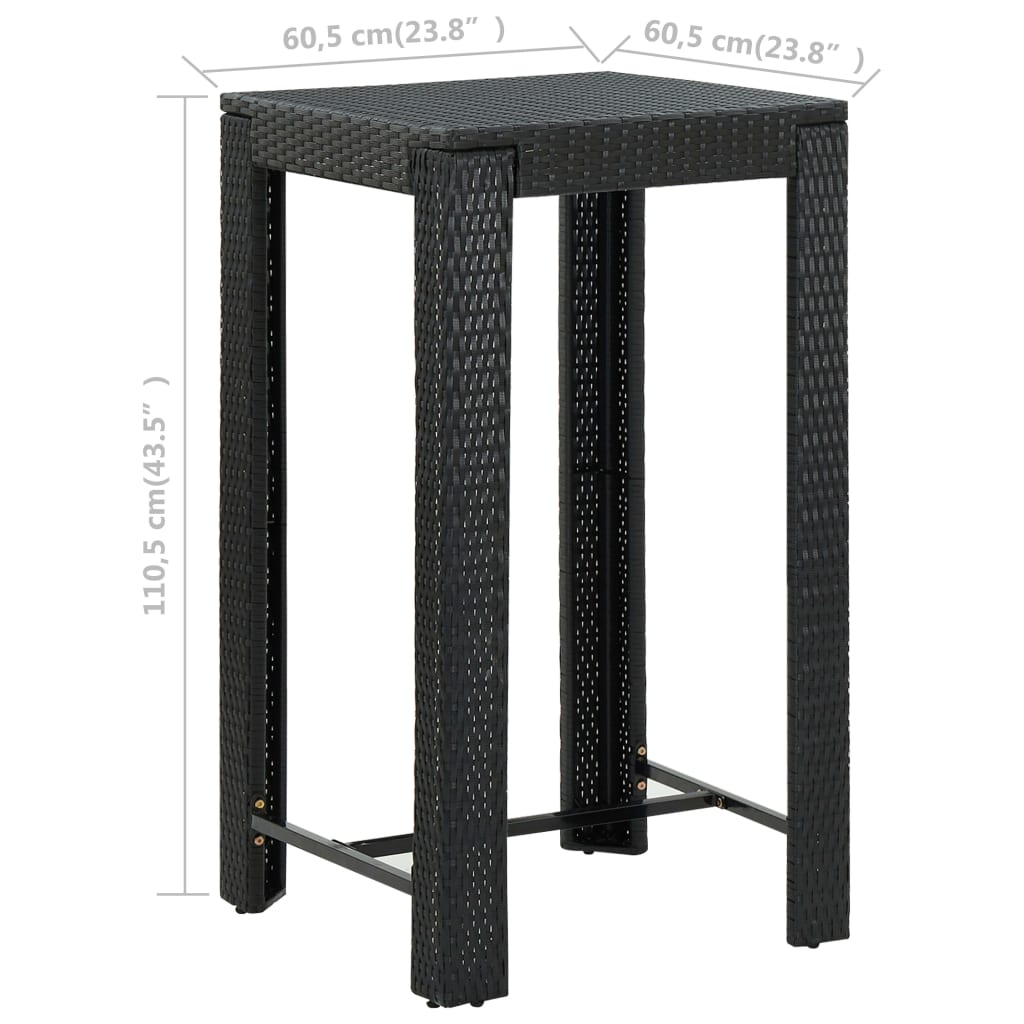 vidaXL Ogrodowy stolik barowy, czarny, 60,5x60,5x110,5 cm, polirattan