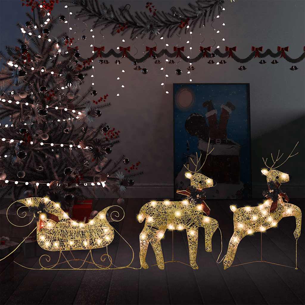 vidaXL Świąteczna dekoracja, renifery z saniami, 60 diod LED, złota