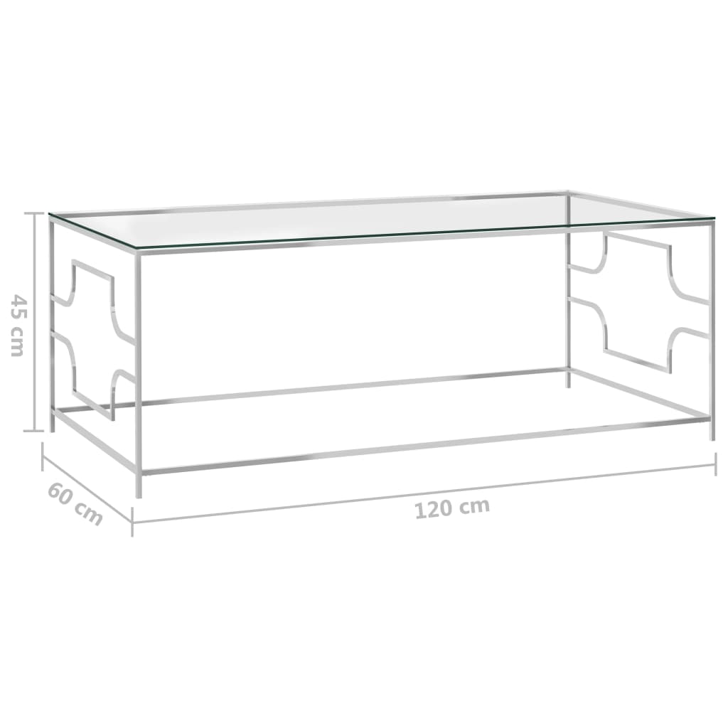 vidaXL Stolik kawowy, srebrny, 120x60x45 cm, stal nierdzewna i szkło