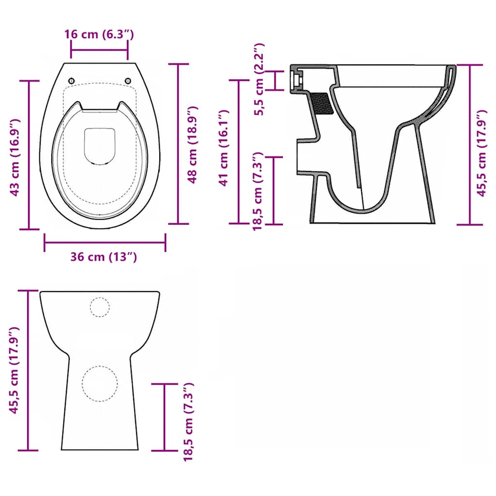 vidaXL Toaleta bezkołnierzowa, 7 cm dodatkowa, ciche zamykanie, ceramika, czarna