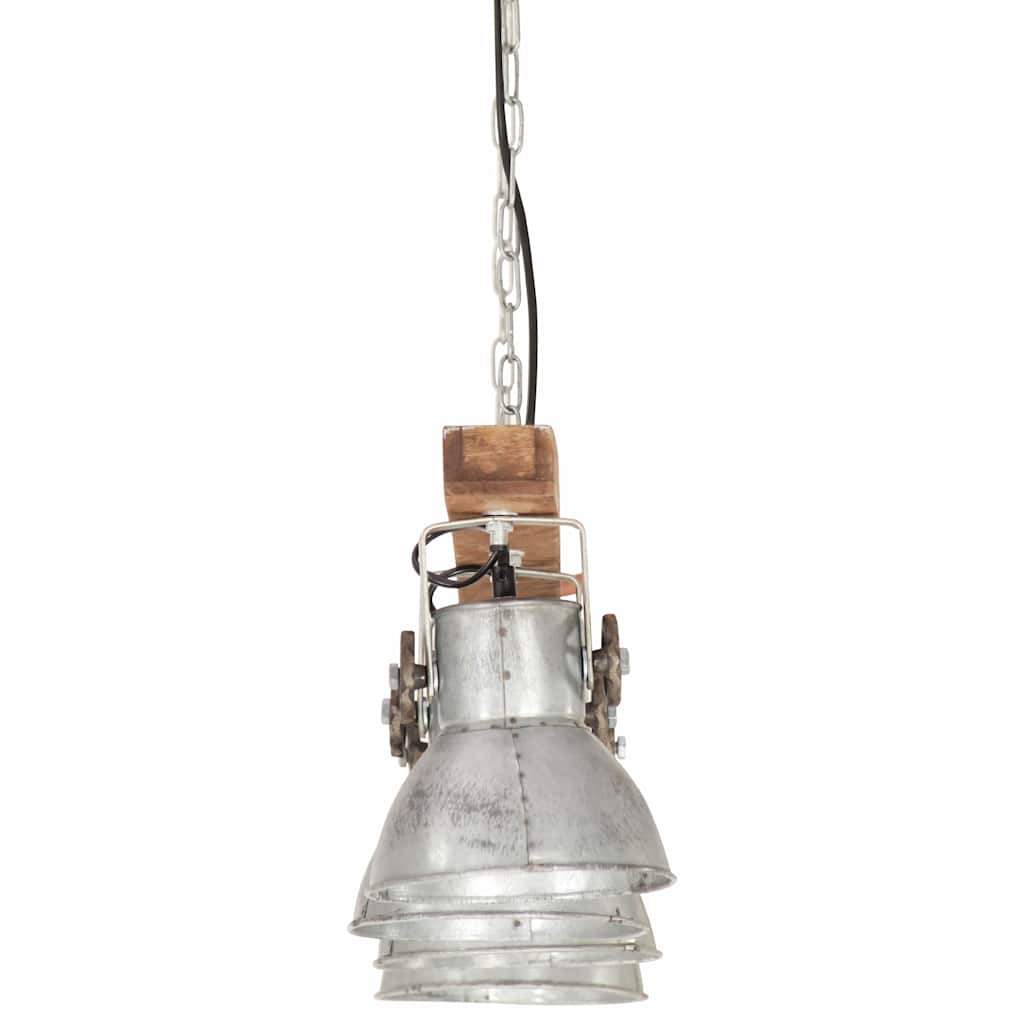 vidaXL Industrialna lampa sufitowa, srebrna, E27, drewno mango