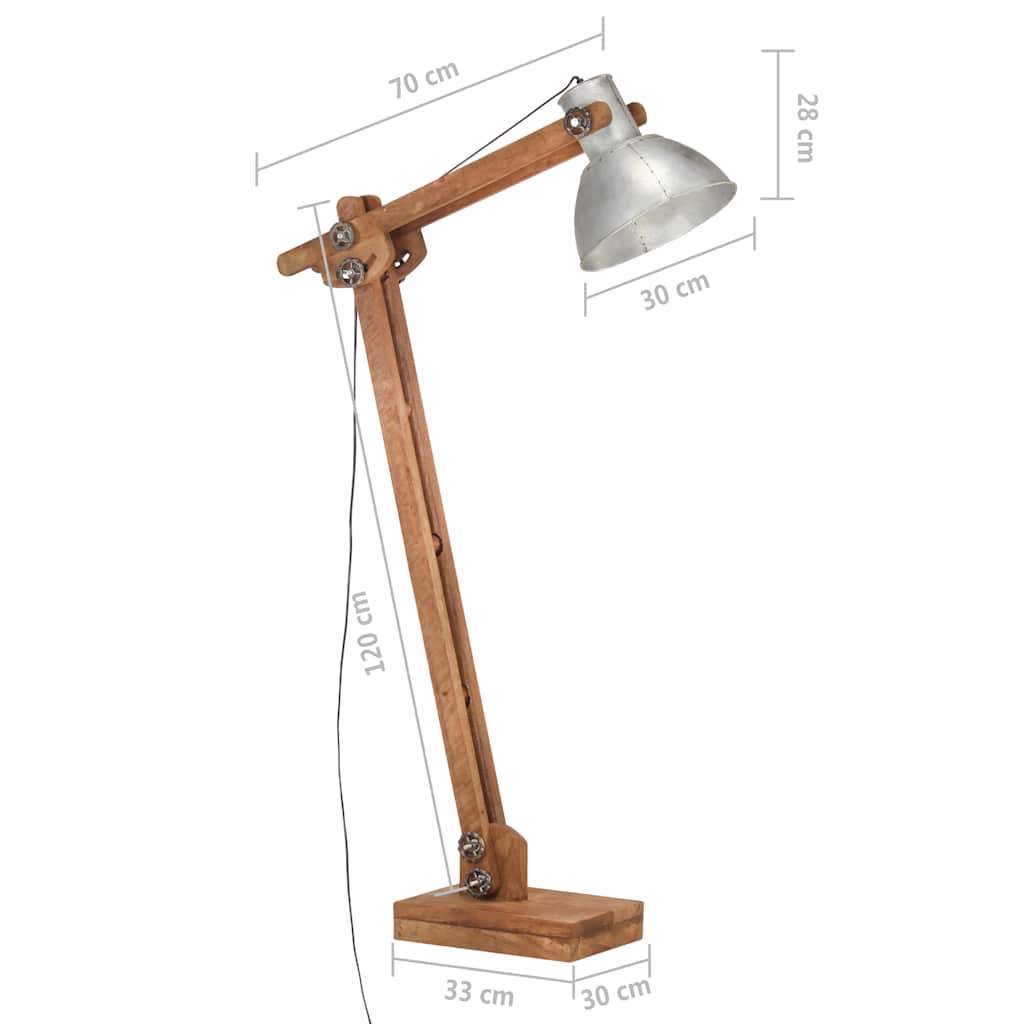 vidaXL Lampa podłogowa, srebrna, E27, lite drewno mango