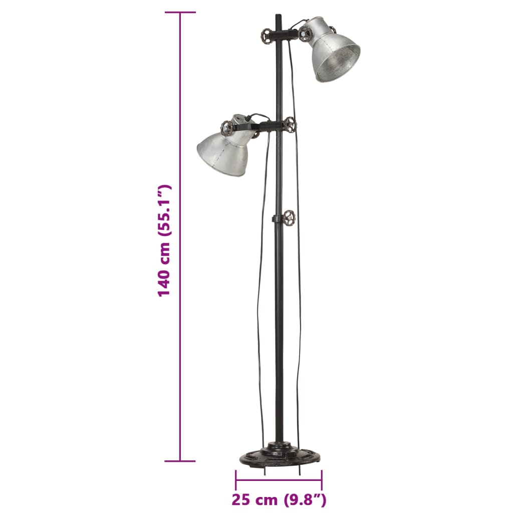 vidaXL Lampa podłogowa z 2 kloszami, srebrna, E27, żeliwo