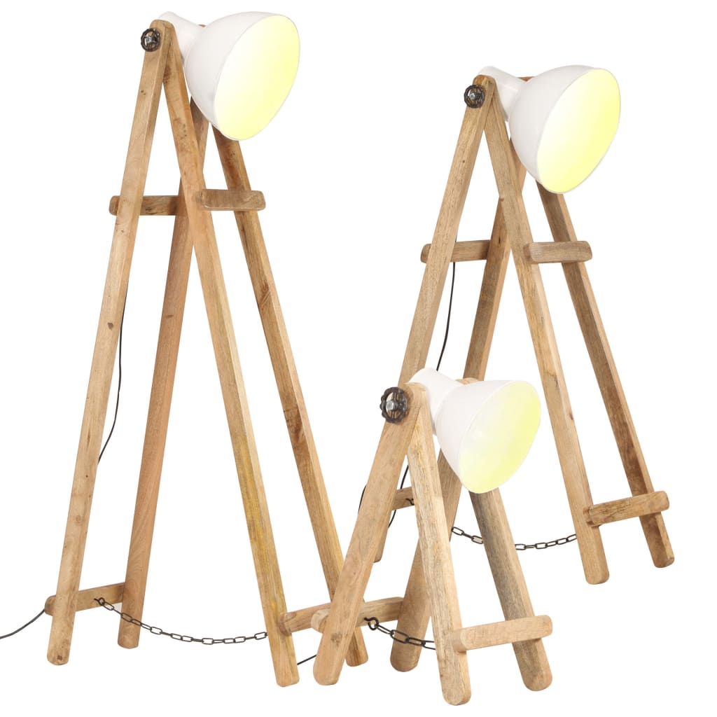 vidaXL Lampy podłogowe, 3 szt., białe, E27, lite drewno mango