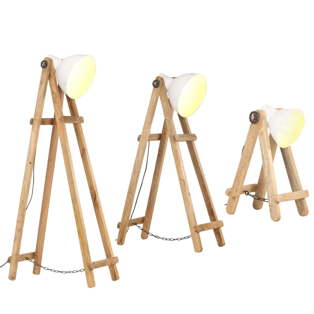 vidaXL Lampy podłogowe, 3 szt., białe, E27, lite drewno mango