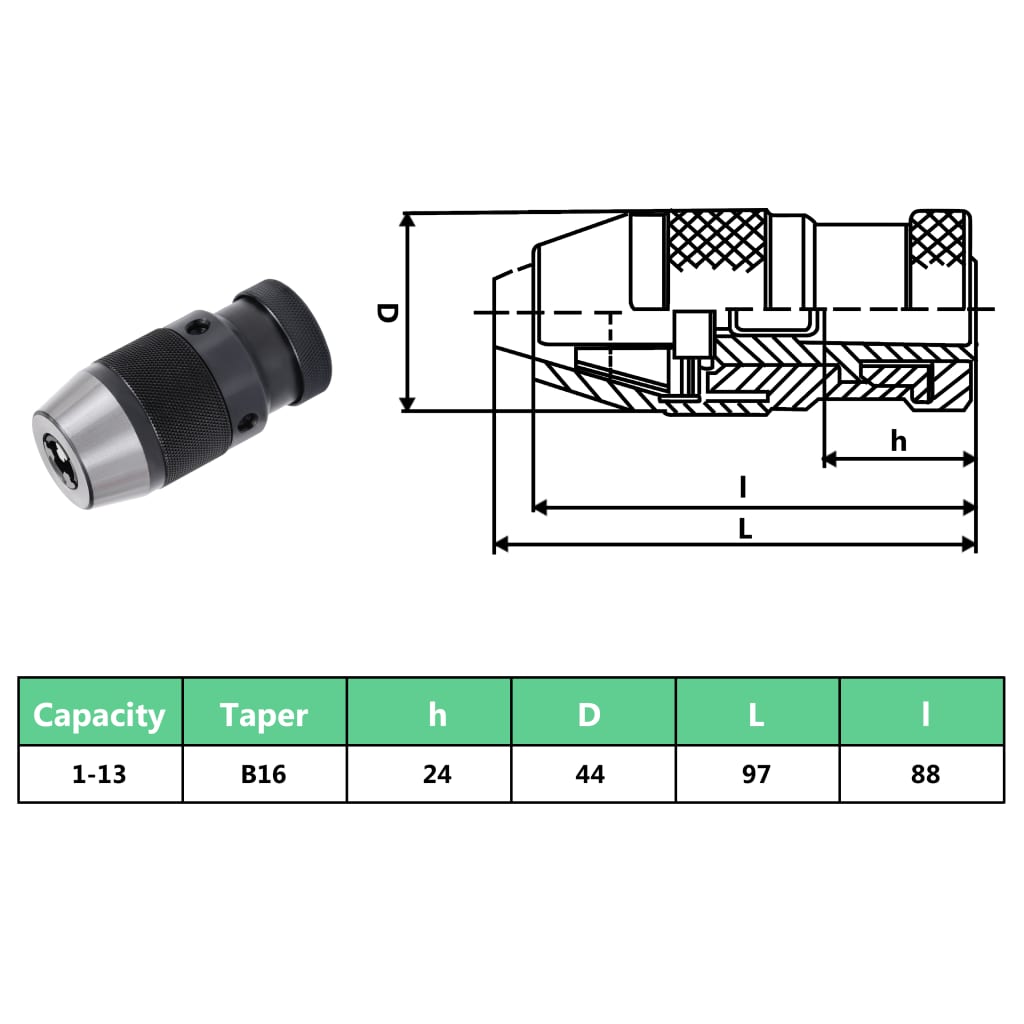vidaXL Szybkomocujący uchwyt wiertarski MT2-B16, 13 mm 1-13B16