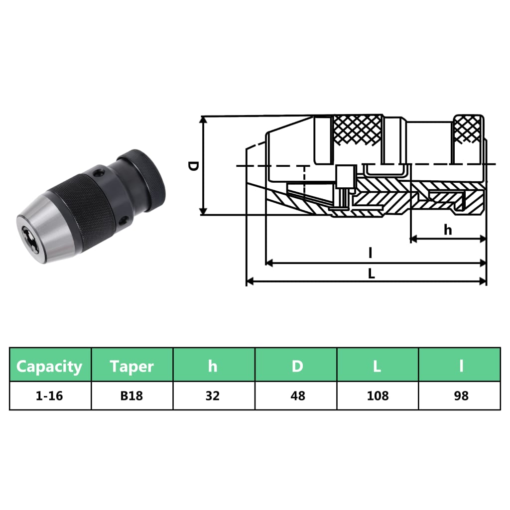 vidaXL Szybkomocujący uchwyt wiertarski MT3-B18, 16 mm 1-16B16