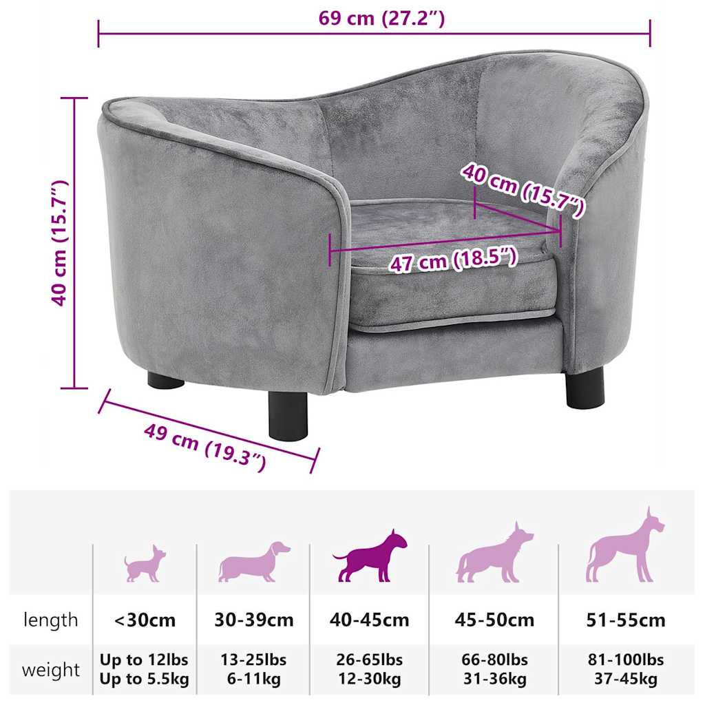 vidaXL Sofa dla psa, szara, 69x49x40 cm, pluszowa