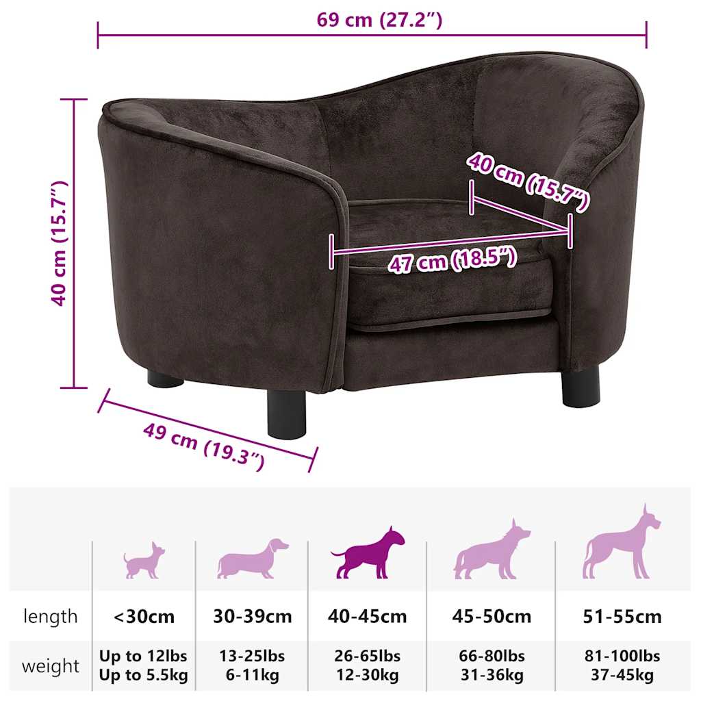 vidaXL Sofa dla psa, brązowa, 69x49x40 cm, pluszowa