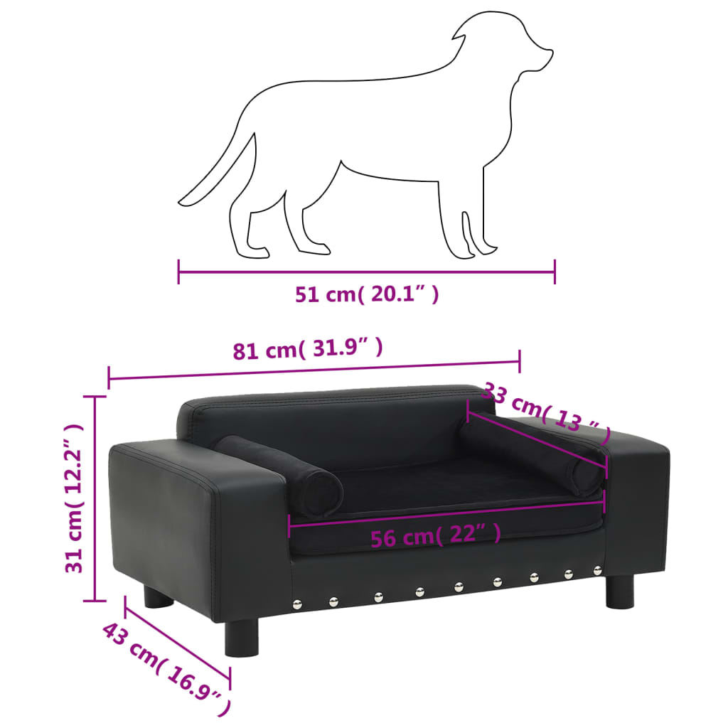 vidaXL Sofa dla psa, czarna, 81x43x31 cm, plusz i sztuczna skóra