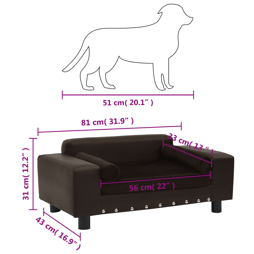 vidaXL Sofa dla psa, brązowa, 81x43x31 cm, plusz i sztuczna skóra