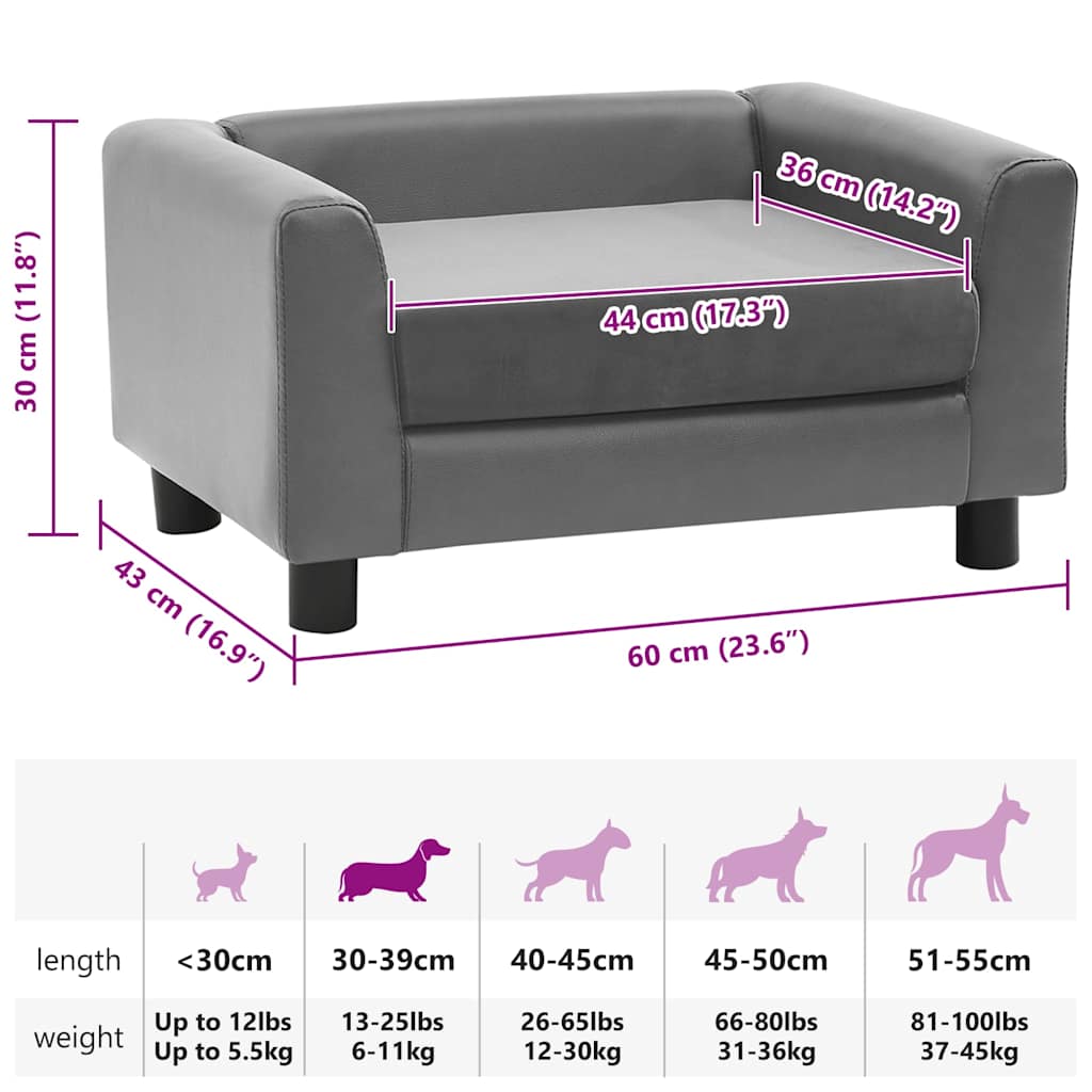 vidaXL Sofa dla psa, szara, 60x43x30 cm, plusz i sztuczna skóra