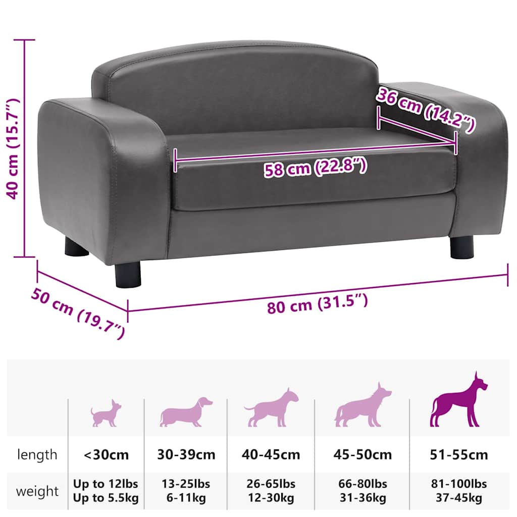 vidaXL Sofa dla psa, szara, 80x50x40 cm, sztuczna skóra
