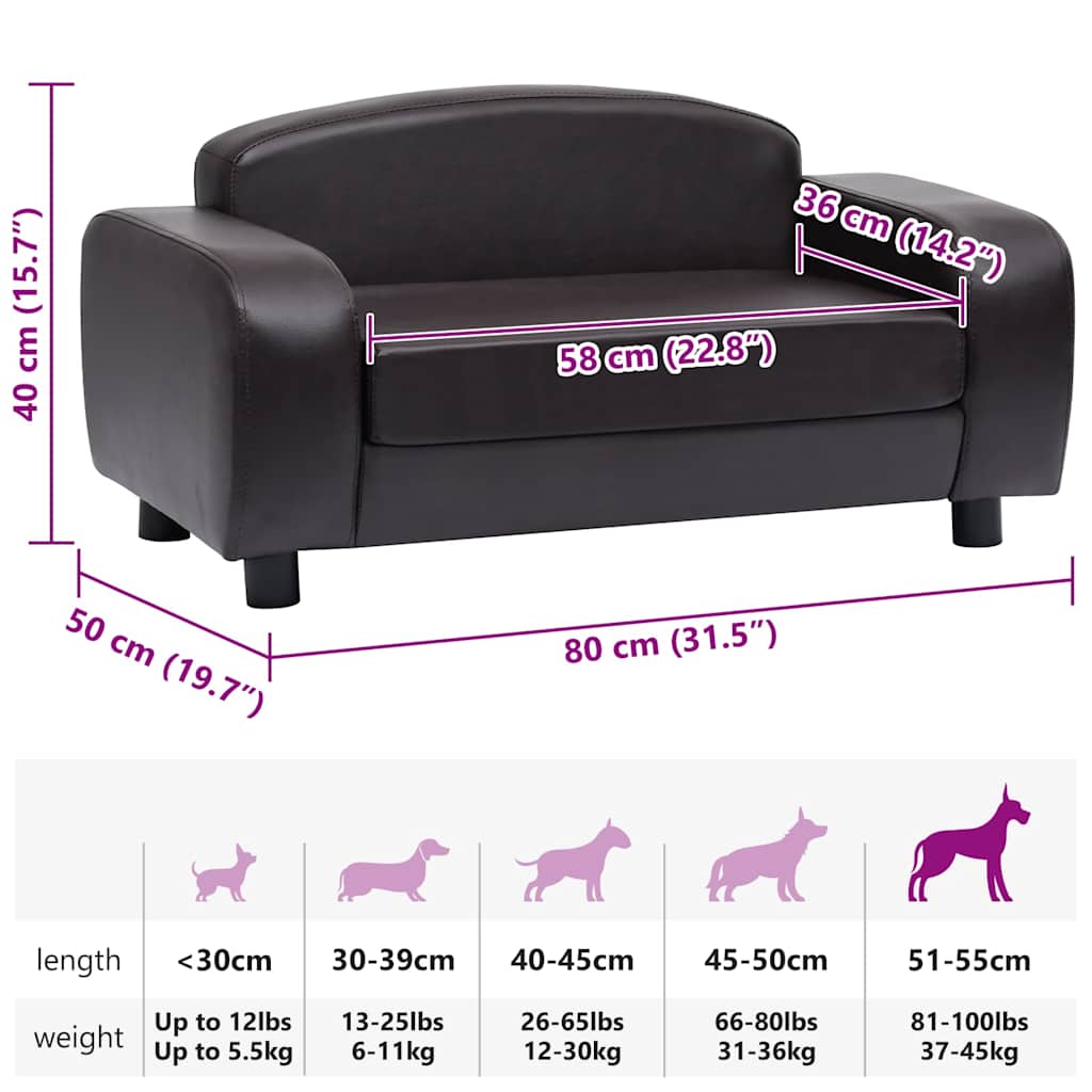 vidaXL Sofa dla psa, brązowa, 80x50x40 cm, sztuczna skóra