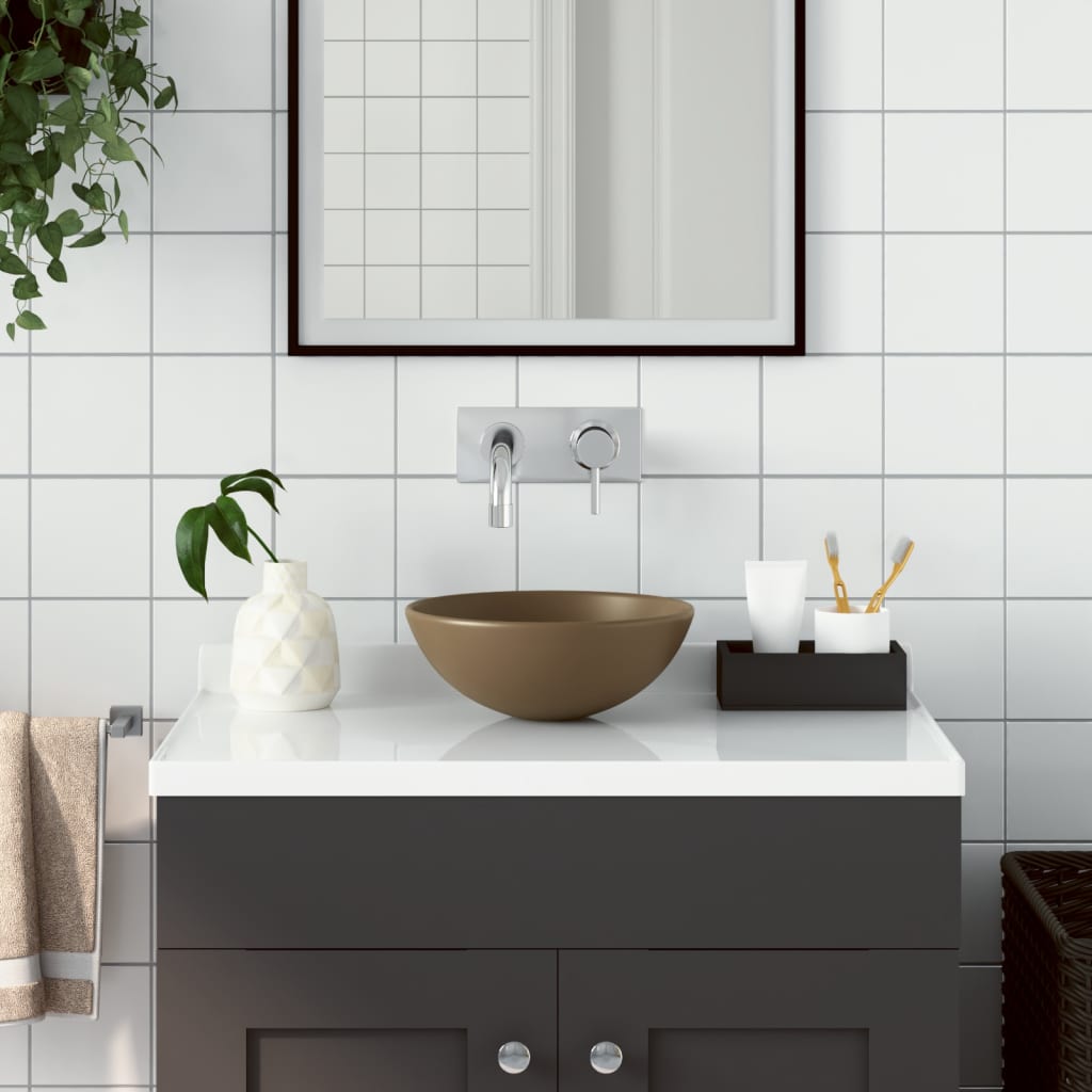 vidaXL Umywalka łazienkowa, ceramiczna, matowa kremowa, okrągła