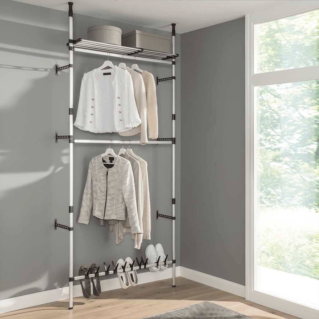vidaXL Teleskopowy system do garderoby, z półką i drążkami, aluminiowy