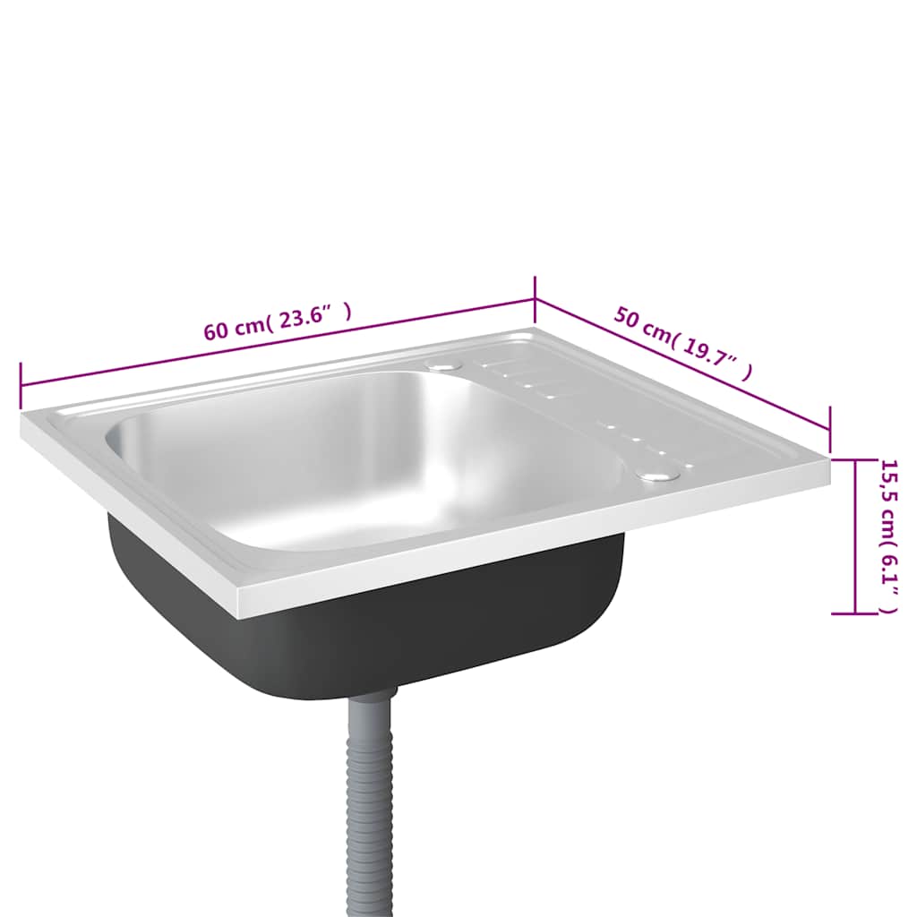 vidaXL Zlew kuchenny z ociekaczem, srebrny, 600x500x155 mm, stal
