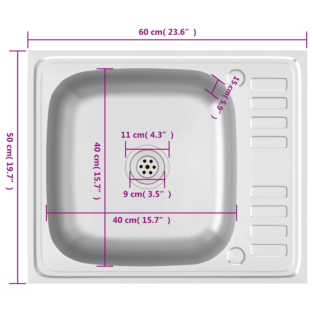 vidaXL Zlew kuchenny z ociekaczem, srebrny, 600x500x155 mm, stal
