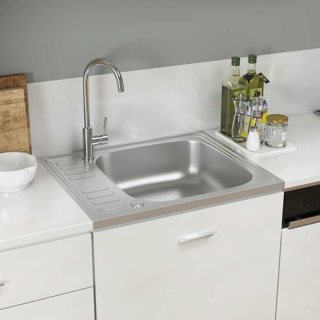 vidaXL Zlew kuchenny z ociekaczem, srebrny, 600x500x155 mm, stal