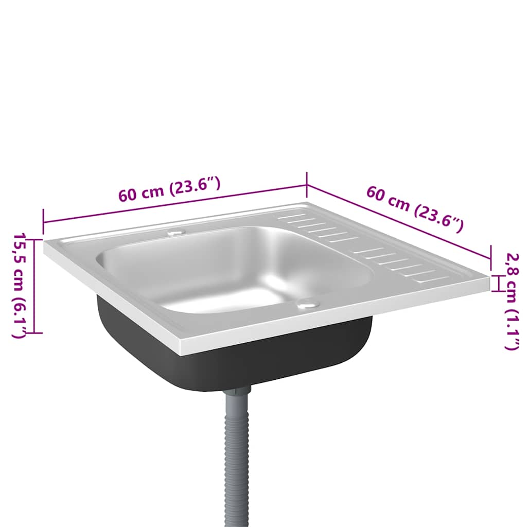 vidaXL Zlew kuchenny z ociekaczem, srebrny, 600x600x155 mm, stal