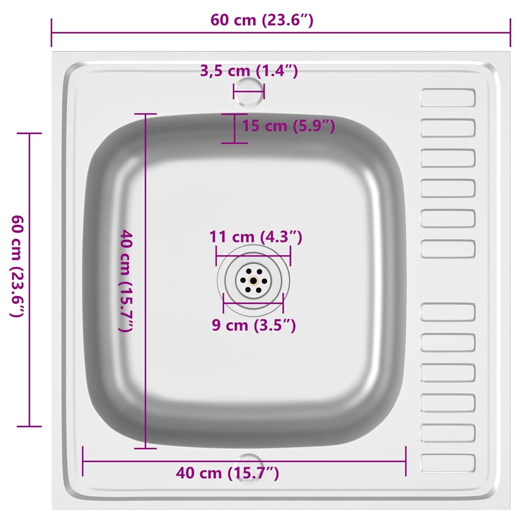 vidaXL Zlew kuchenny z ociekaczem, srebrny, 600x600x155 mm, stal