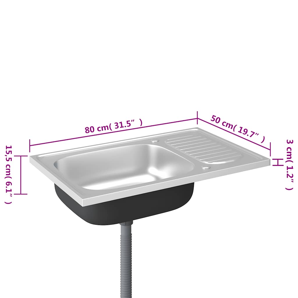 vidaXL Zlew kuchenny z ociekaczem, srebrny, 800x500x155 mm, stal