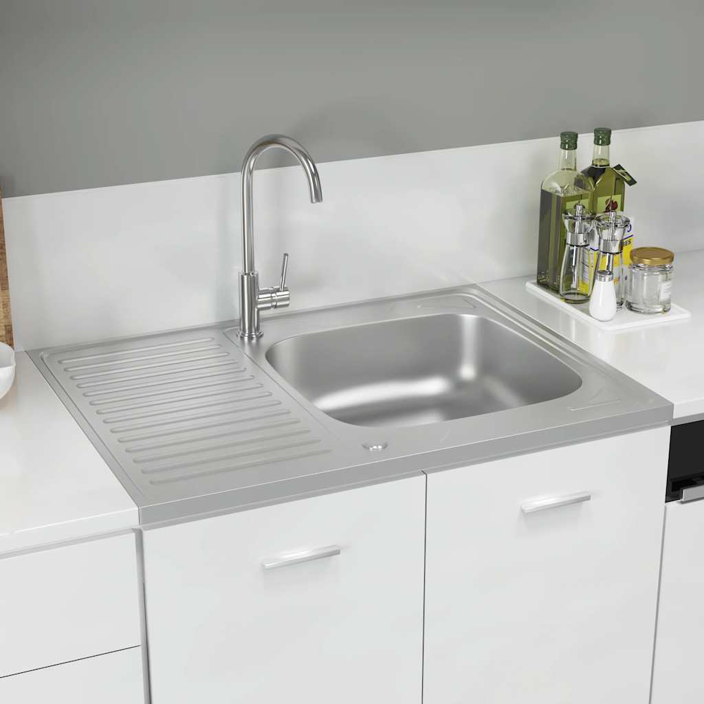 vidaXL Zlew kuchenny z ociekaczem, srebrny, 800x600x155 mm, stal