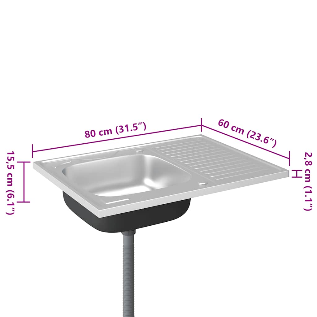 vidaXL Zlew kuchenny z ociekaczem, srebrny, 800x600x155 mm, stal