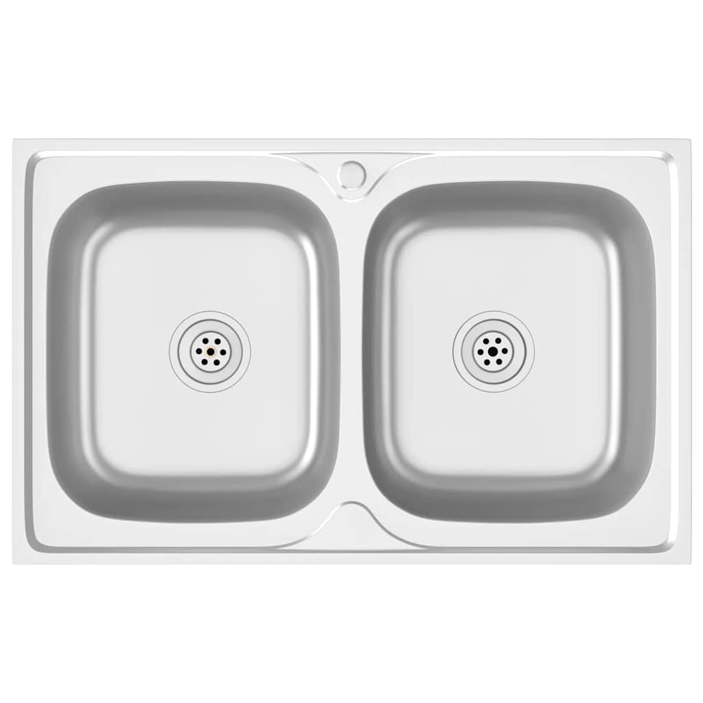 vidaXL Zlew kuchenny dwukomorowy, srebrny, 800x500x155 mm, stal